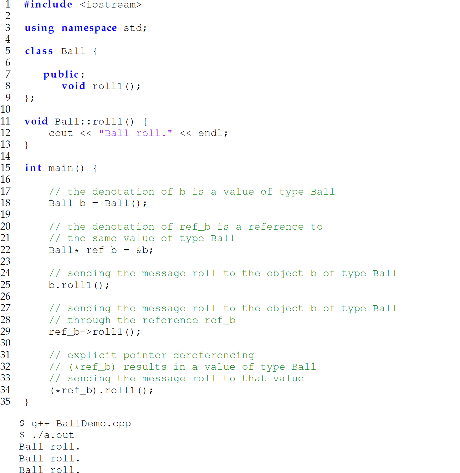 A set of 35 code lines in C plus plus with an output.