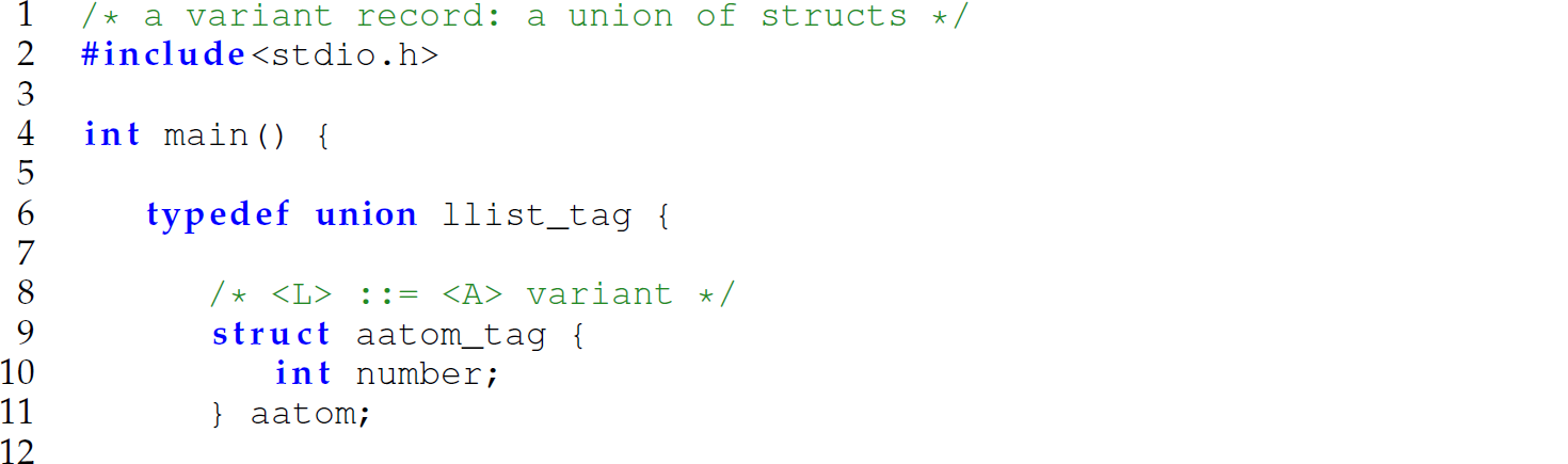 A list of 12 code lines in C with a variant record for a linked list.