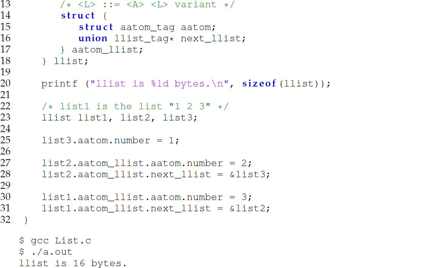 Continuation of the code in C with a variant for a linked list consisting of 20 lines and an output.