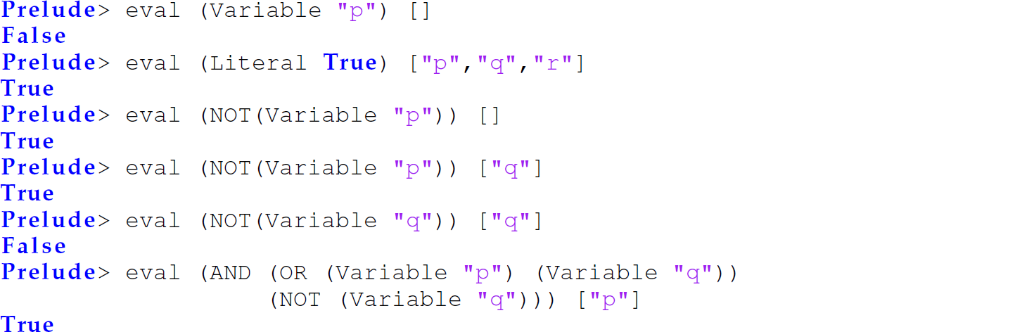 A set of 11 code lines in Haskell with the function e v a l.