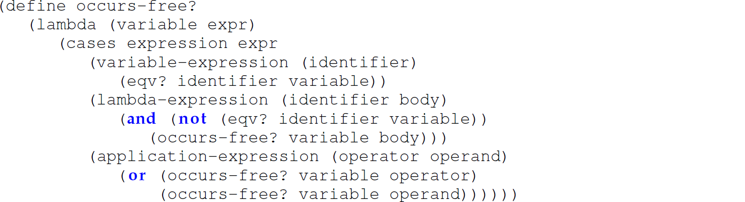 A set of 11 code lines for the definition of occurs-free question mark.