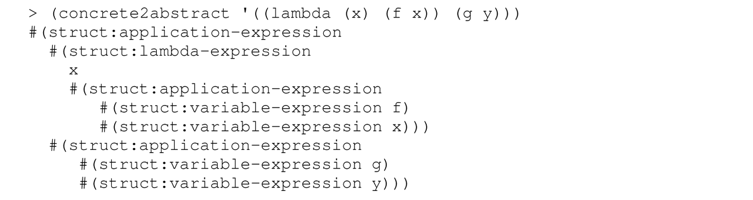 A set of 10 code lines with an application of concrete 2 abstract to the lambda-calculus expression.