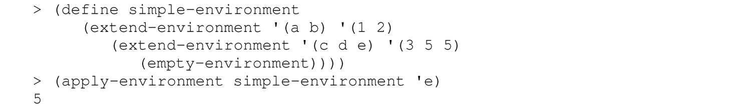 A set of six code lines in Scheme for creating an environment.