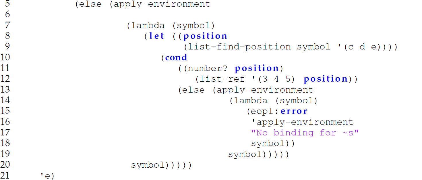 Continuation of the code with the function apply-environment consisting of 17 lines and an error message.