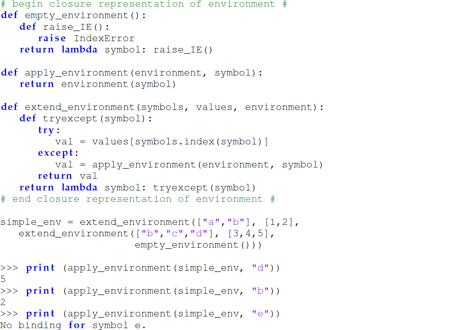 A set of 25 code lines in Python that replicates the closure representation of an environment data structure.