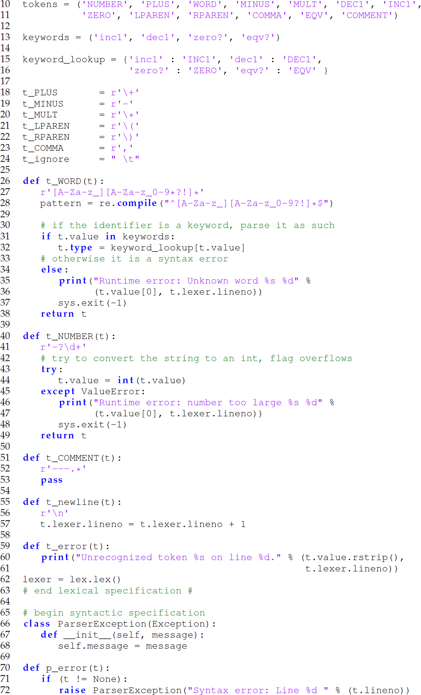 Continuation of the code in Camille that is a generator in P L Y for the front end of Camille, consisting of 63 lines.