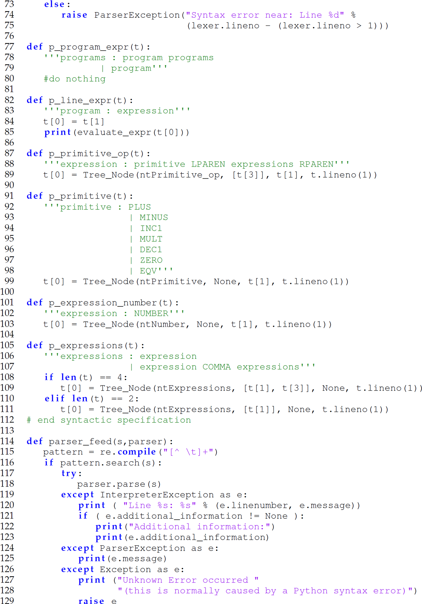 Continuation of the code in Camille that is a generator in P L Y for the front end of Camille, consisting of 58 lines.