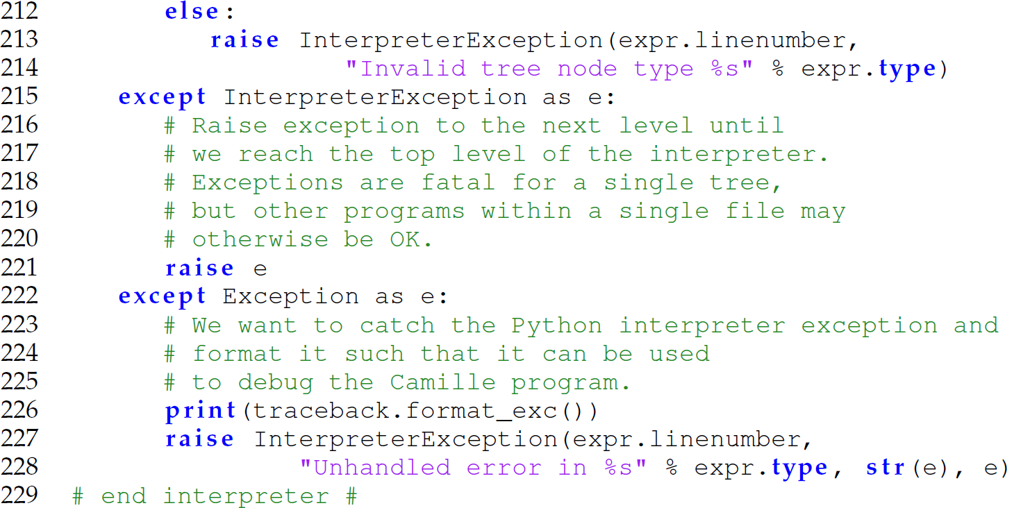 Continuation of the code in Camille with a simple interpreter consisting of 18 lines.