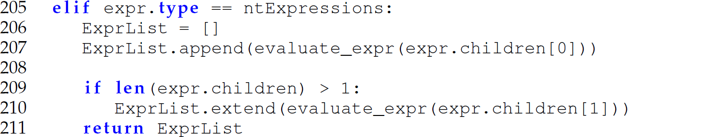 A set of seven code lines in Python with the evaluate underscore e x p r function.