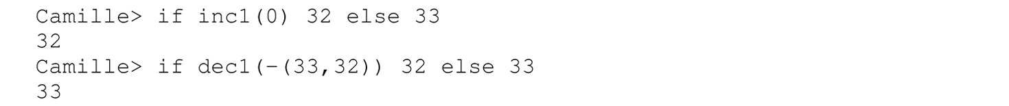 A set of four code lines in Camille with evaluated results of example expressions.