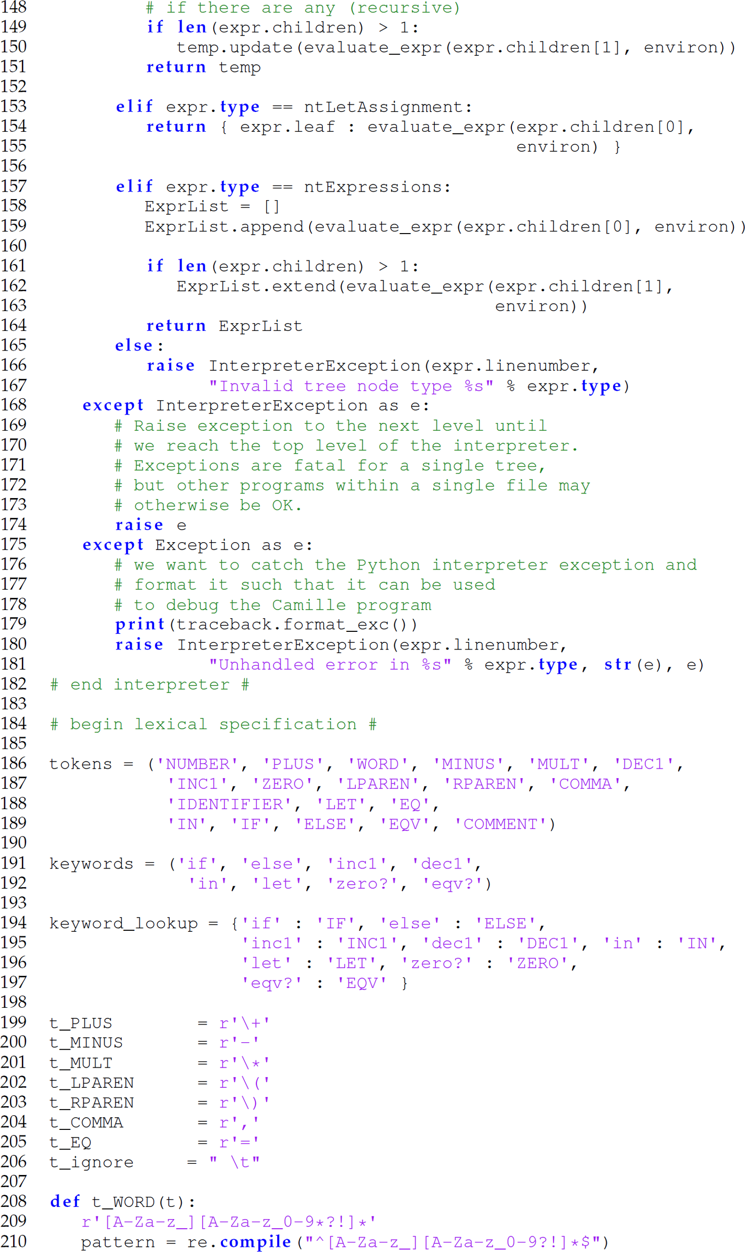 Continuation of the code in Camille that supports local binding and conditional evaluation, consisting of 63 lines.