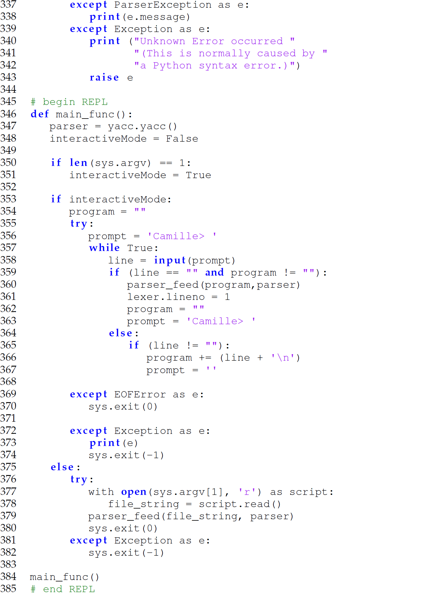 Continuation of the code in Camille that supports local binding and conditional evaluation, consisting of 49 lines.