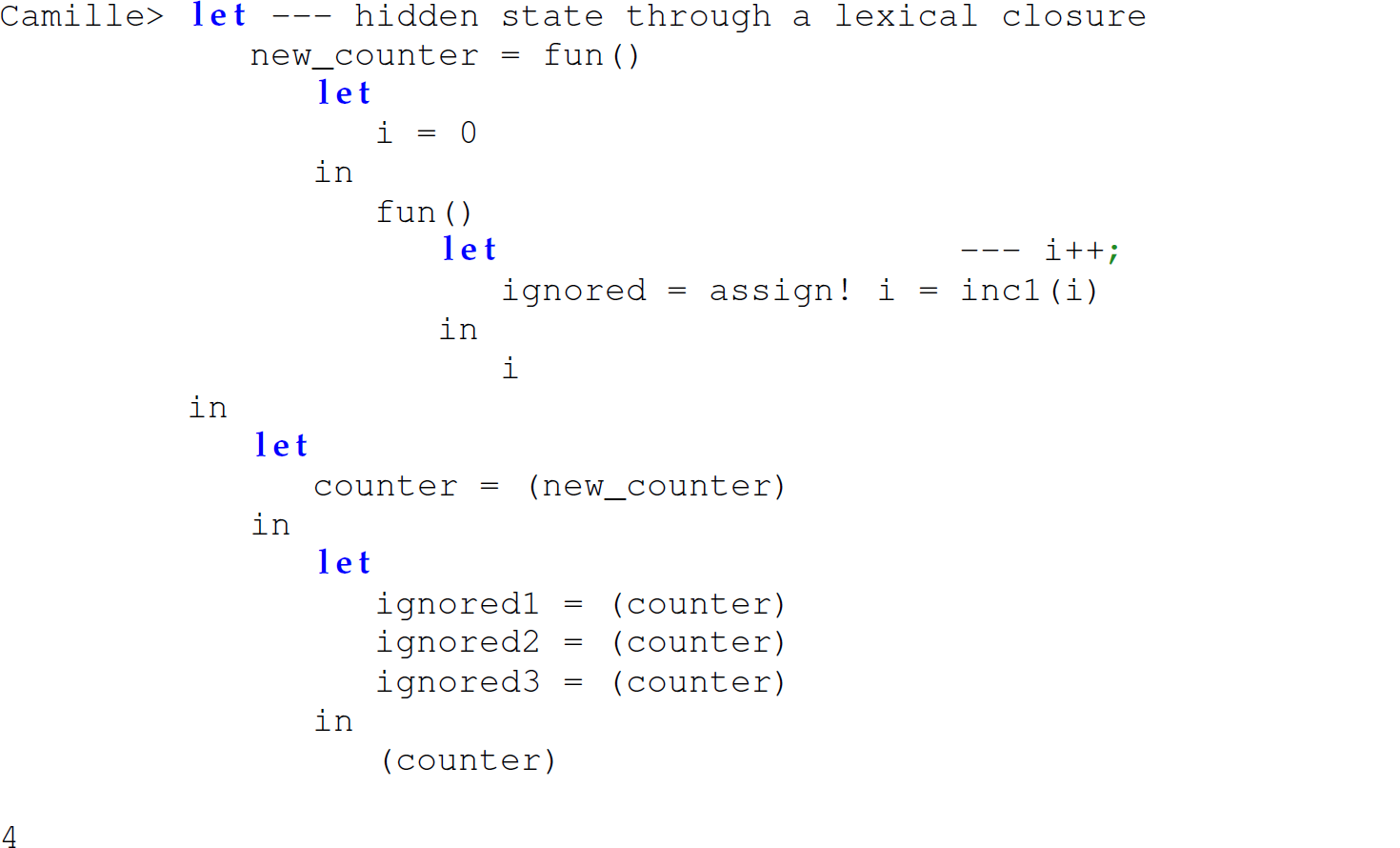 A set of 21 code lines in Camille with closures to protect shared state from any unintended outside interference.