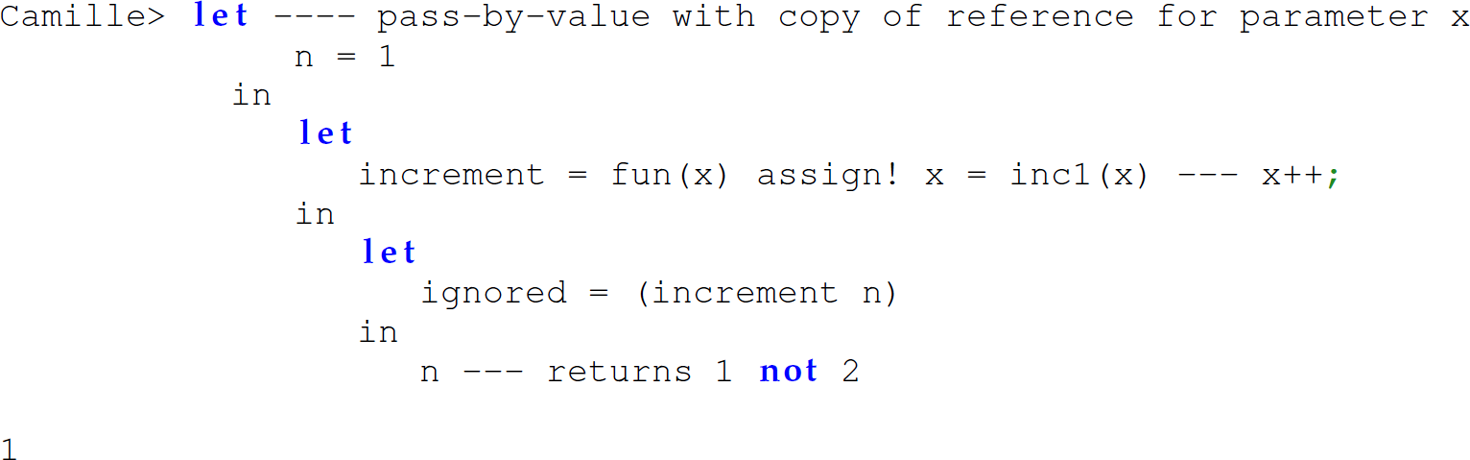 A set of 11 code lines in Camille with the function increment incrementing the copy of n.