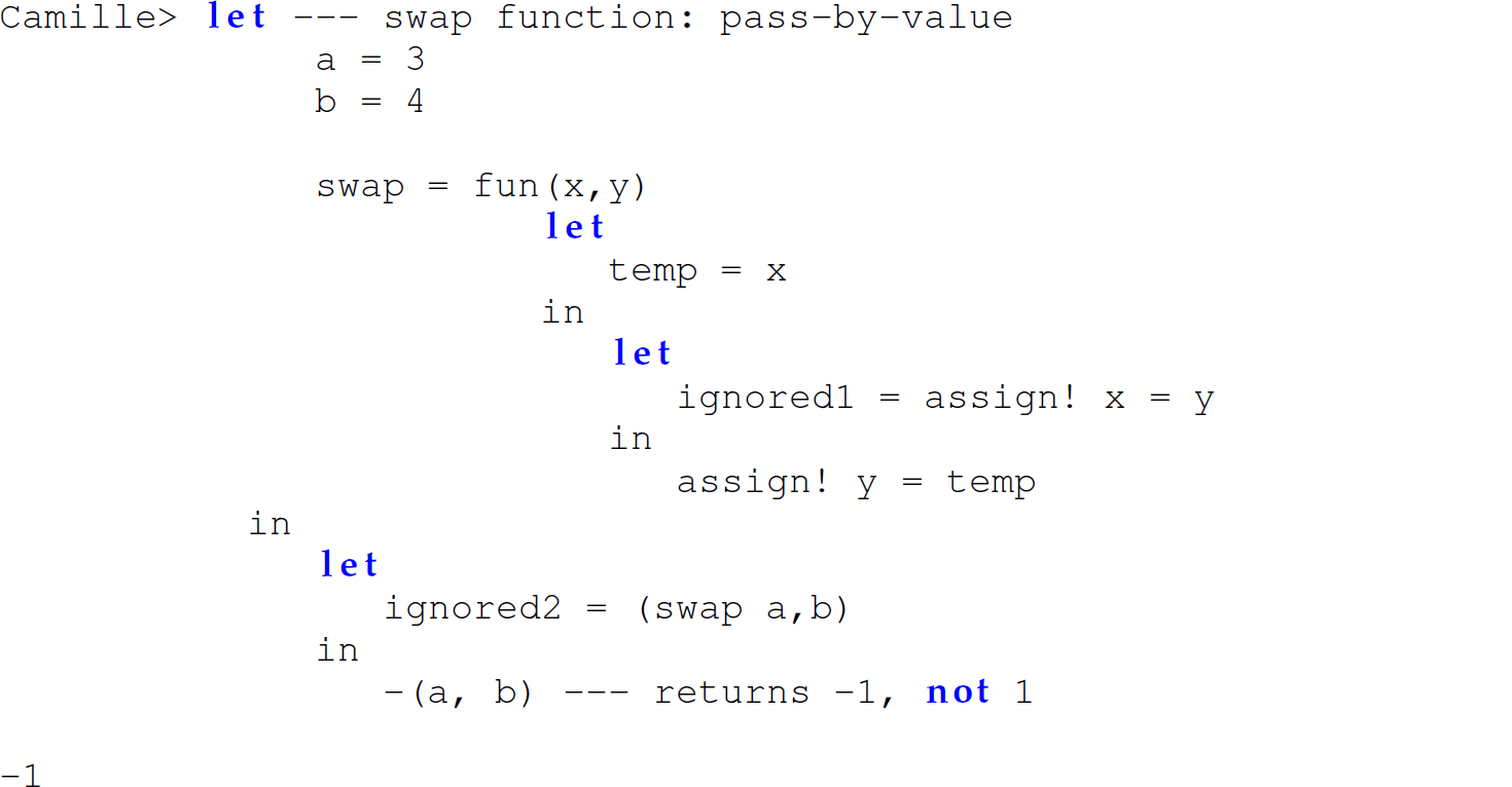 A set of 17 code lines in Camille with the function swap.