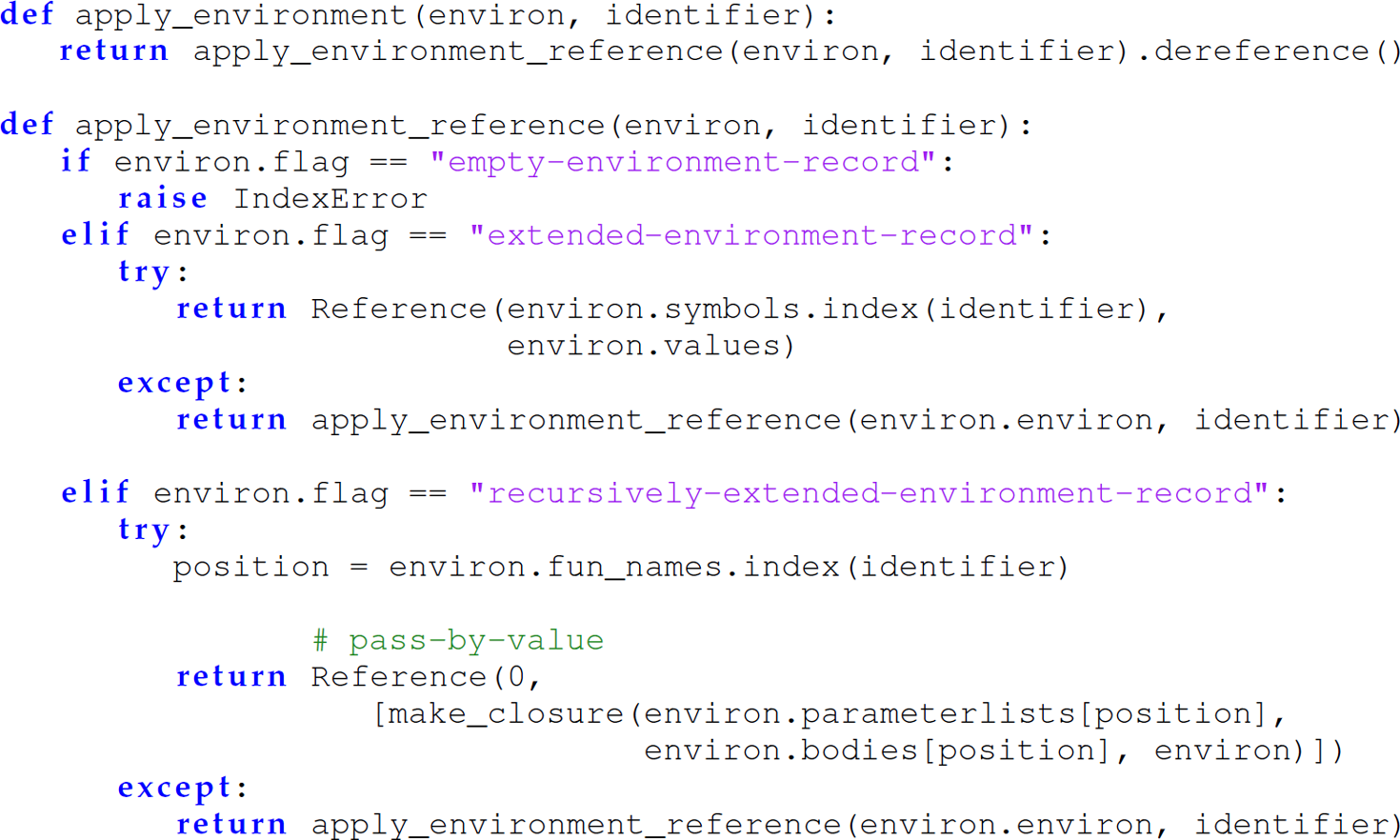 A set of 20 code lines with the function apply underscore environment defined through apply underscore environment underscore reference and dereference.