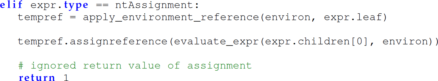 A set of five code lines with the function evaluate underscore e x p r.