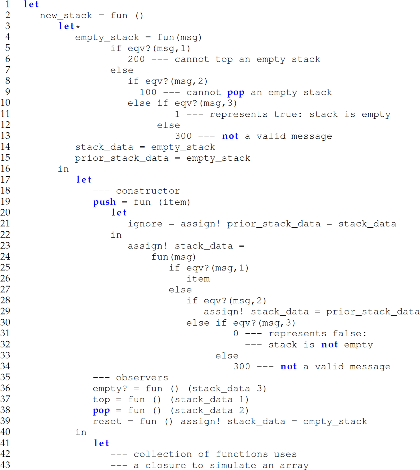 A set of 43 code lines in Camille for the enhancement of a simple stack object.