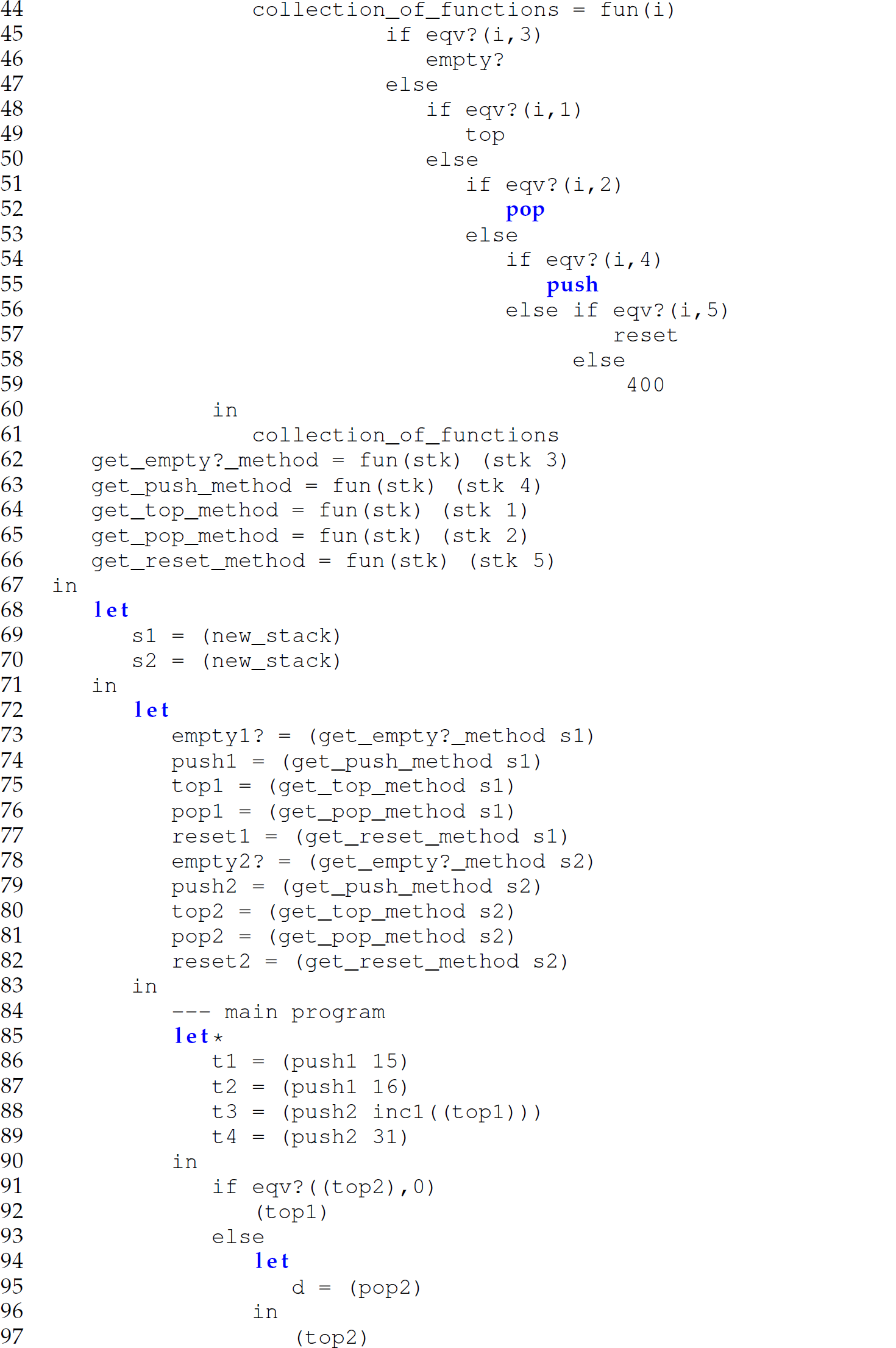 Continuation of the code in Camille for the enhancement of a simple stack object, consisting of 54 lines.