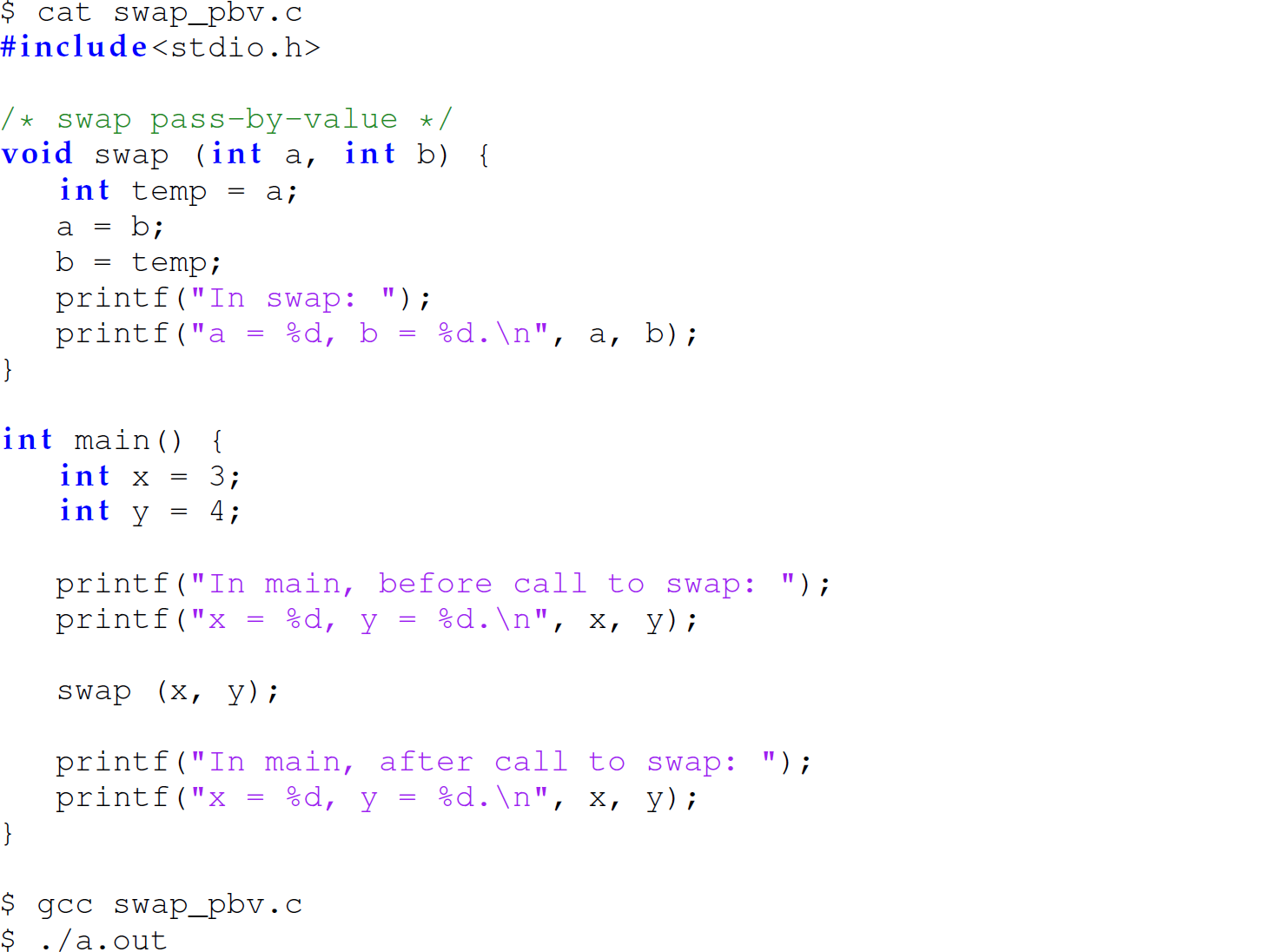 A set of 21 code lines in C with the swap function.