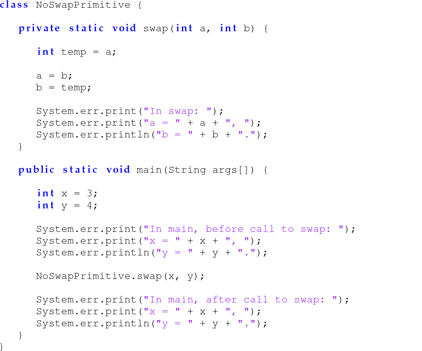 A set of 21 code lines in Java with the function swap.