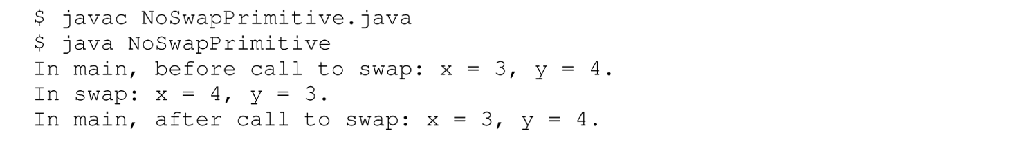 A set of five lines of output of a Java program.