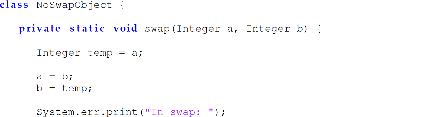 A set of six code lines in Java with the function swap.