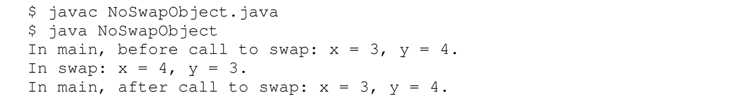 A set of five lines of output of a Java program.