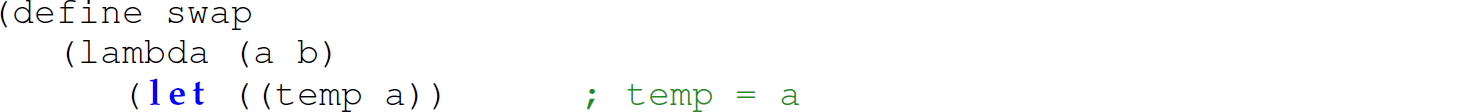 A set of three code lines in a Scheme program with the definition of swap.