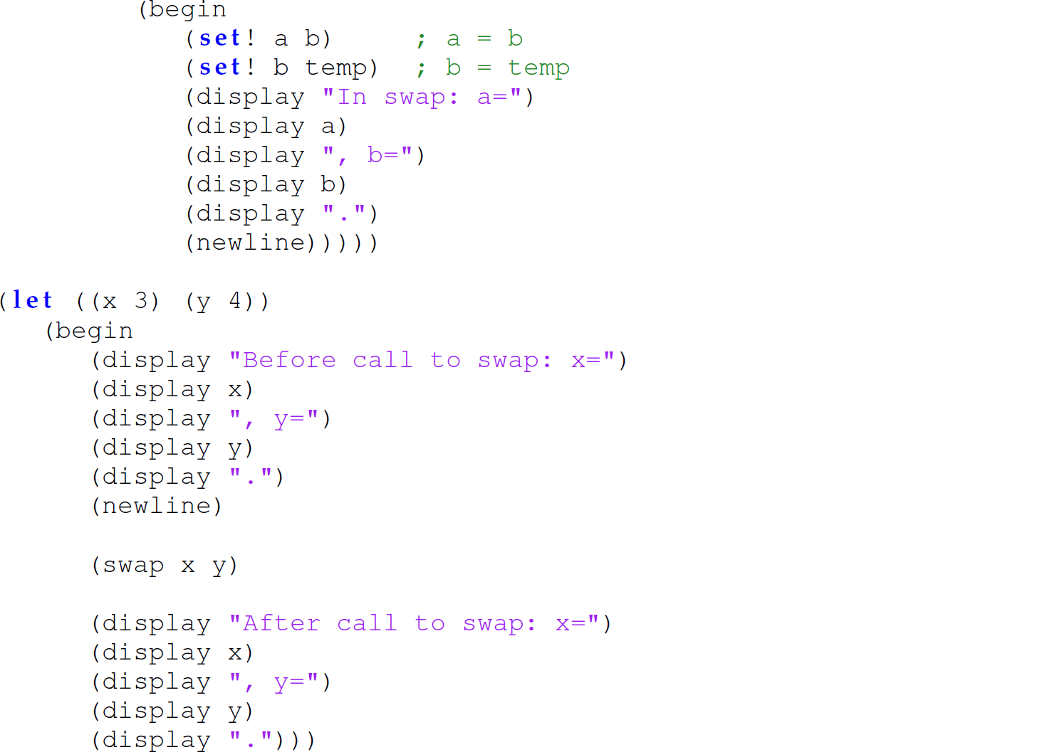 Continuation of the code in a Scheme program with the definition of swap, consisting of 23 lines.