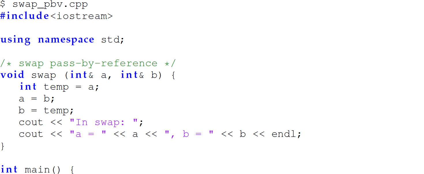 A set of 12 code lines in C plus plus with the function swap.