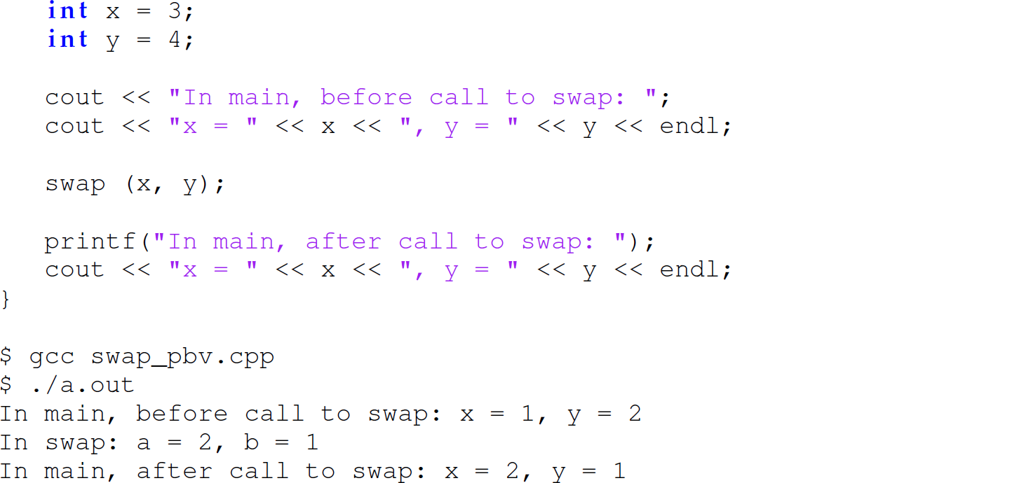 Continuation of the code in C plus plus with the function swap, consisting of 13 lines.