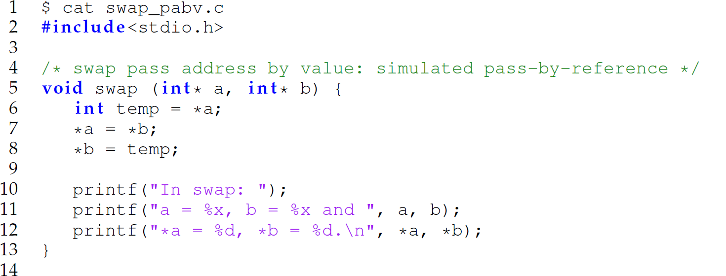 A set of 14 code lines in C with the simulated-pass-by reference analog.