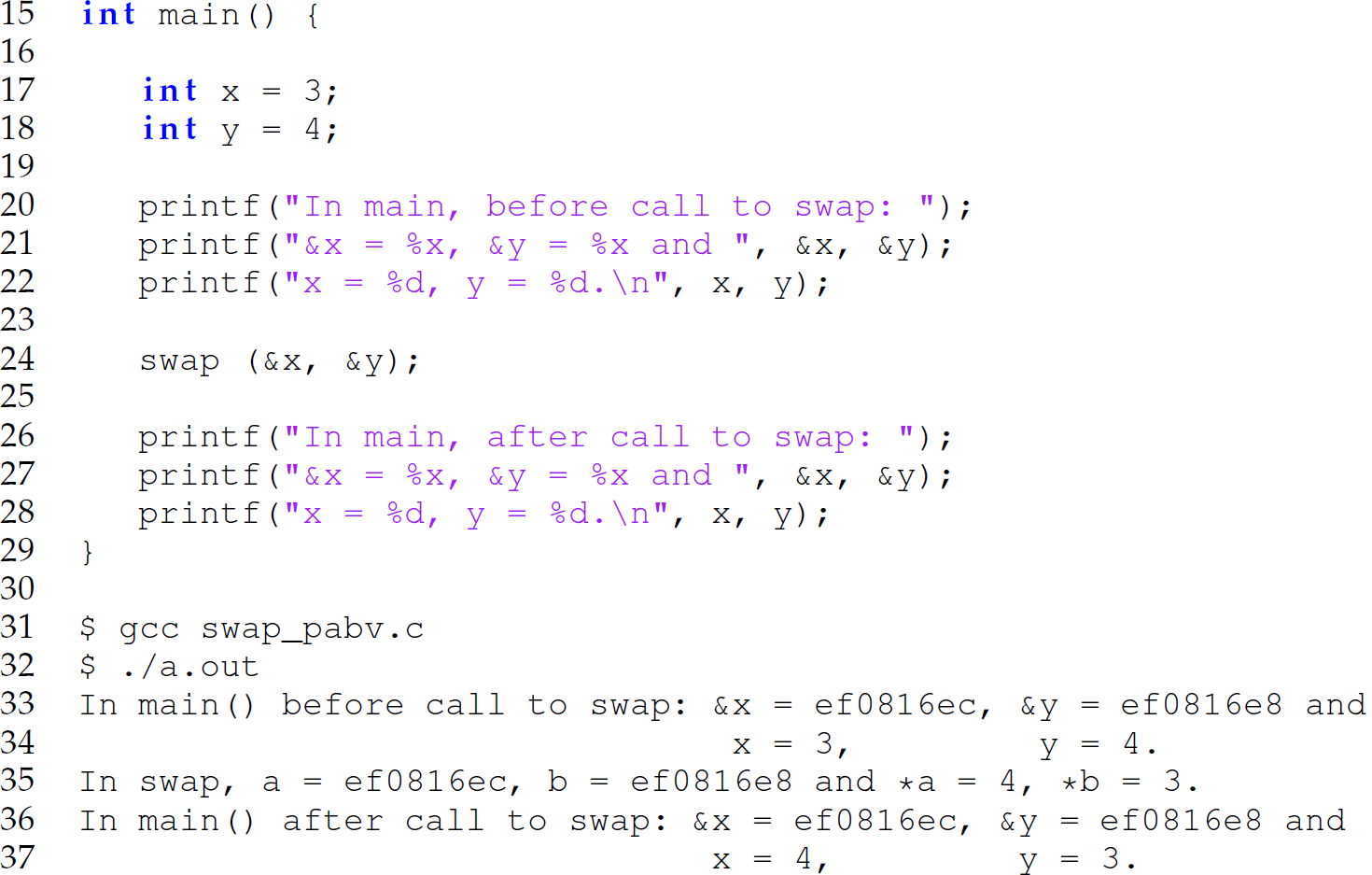 Continuation of the code in C with the simulated-pass-by-reference analog, consisting of 23 lines.
