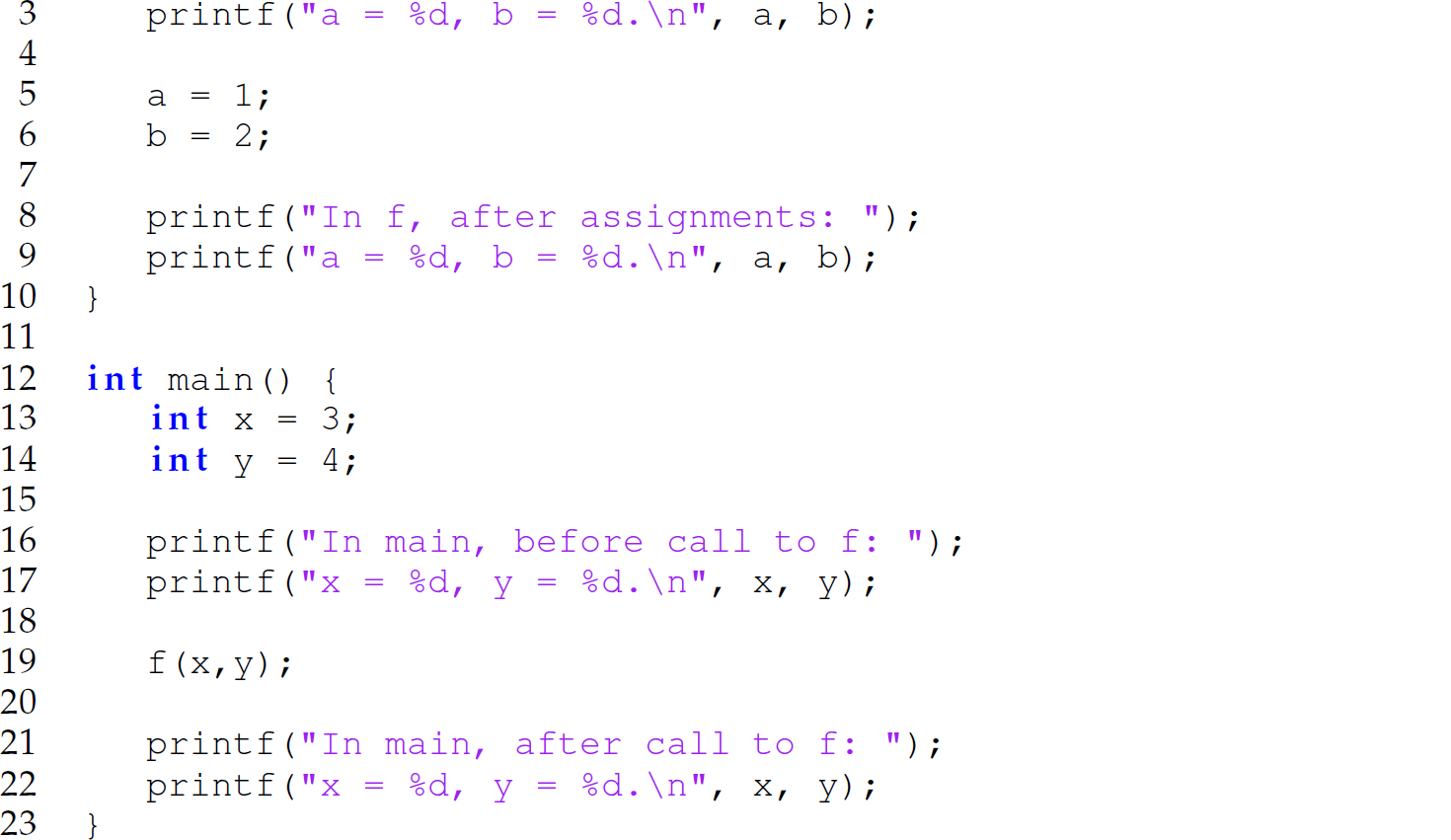 Continuation of the code in a C program with pass-by-result parameter-passing mechanism, consisting of 21 lines.