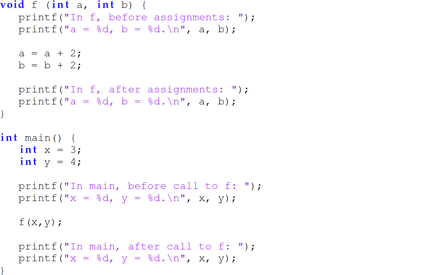 A set of 17 code lines in a C program with pass-by-value-result parameter-passing mechanism.