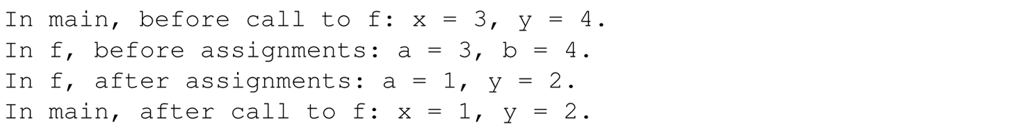 A set of four lines of output of a C program with pass-by-value-result parameter-passing mechanism.