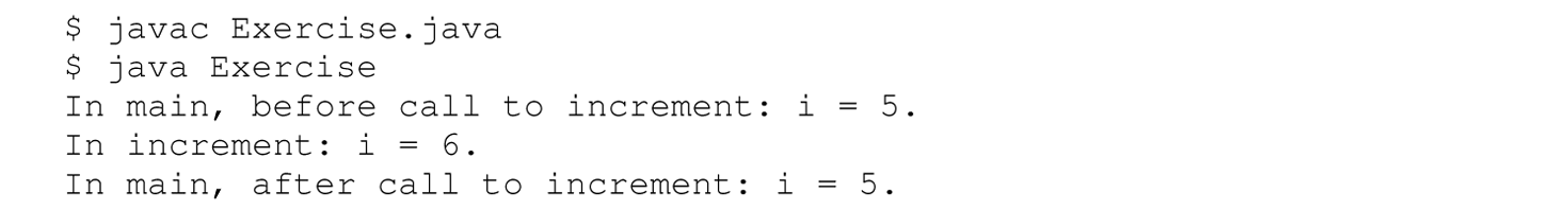 A set of five lines of output in a Java program.