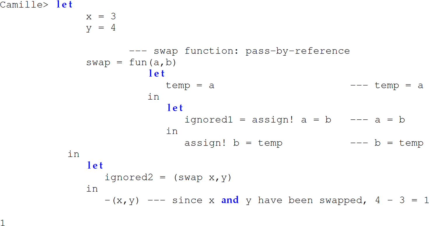 A set of 18 code lines in Camille that defines the function swap.