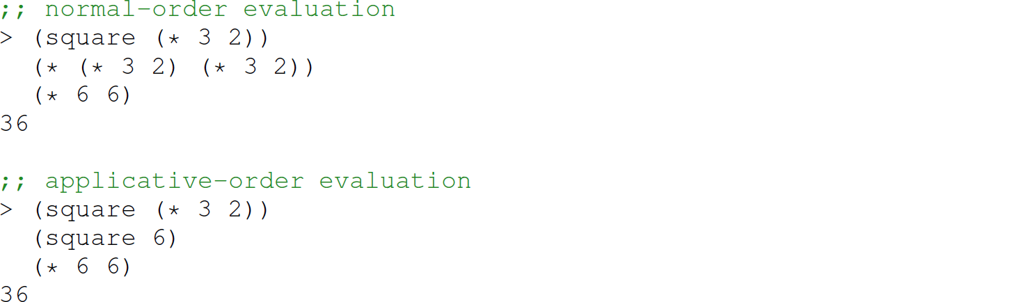 A set of 10 code lines in Scheme that presents a comparison of two approaches.