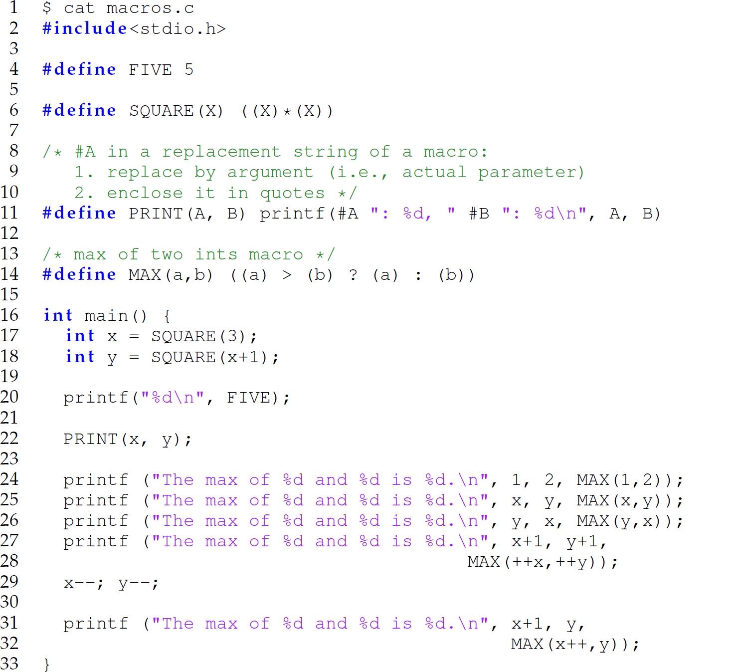 A set of 33 code lines in a C program consisting of macros.