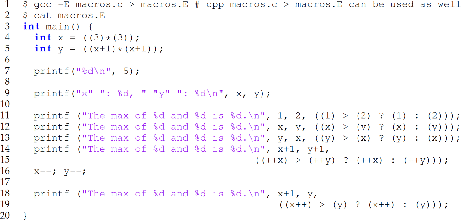 A set of 20 code lines in a C program that is a result of the expansion of four macros.