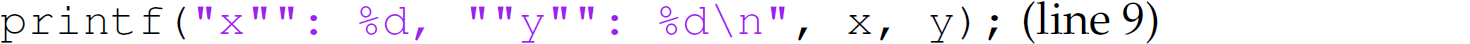 A statement. print f, left parenthesis, double quotes, x double quotes, double quotes, colon, percentage d comma, double quotes, double quotes, y, double quotes, double quotes, colon, percentage d backslash n, double quotes, comma, x comma y, right parenthesis, semicolon. Line 9.