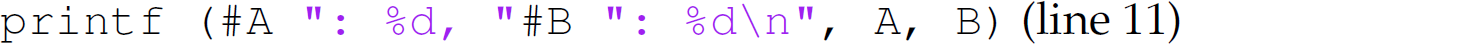 A statement. print f, left parenthesis, pound symbol, A, double quotes, colon, percentage d comma, double quotes, pound symbol B, double quotes, colon, percentage d backslash n, double quotes, comma A comma B, right parenthesis. Line 11.