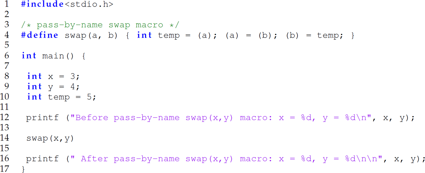 A set of 17 code lines in a C program with the swap function defined.