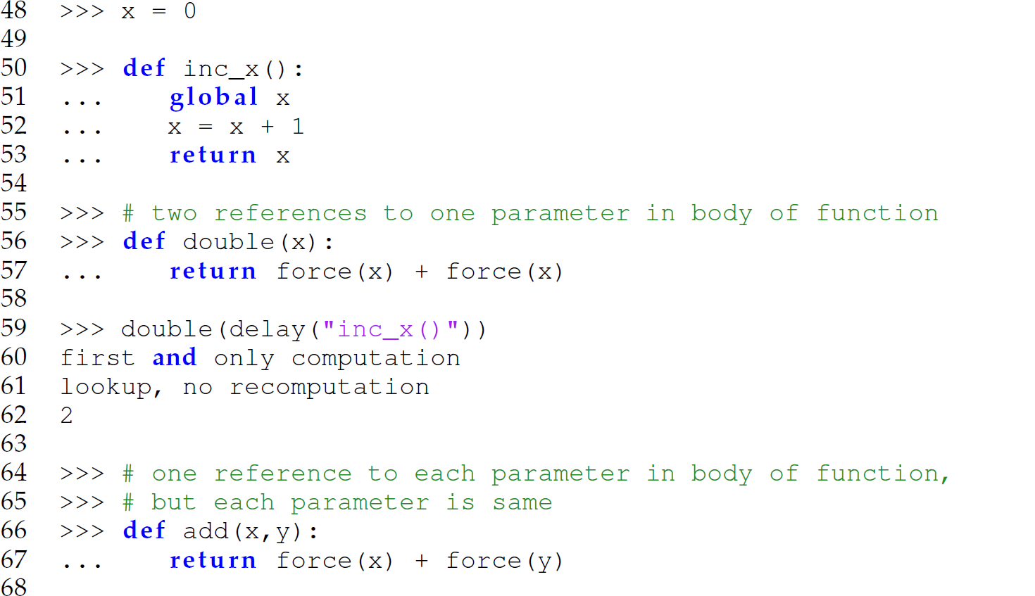 A set of 21 code lines in Python with the newly defined functions for lazy evaluation applied.