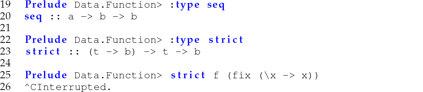 A set of eight code lines in Haskell in which the argument x is evaluated, followed by the body f.