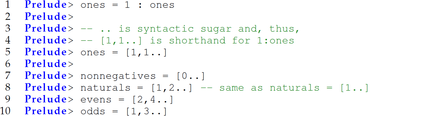 A set of 10 code lines in Haskell with syntactic sugar.