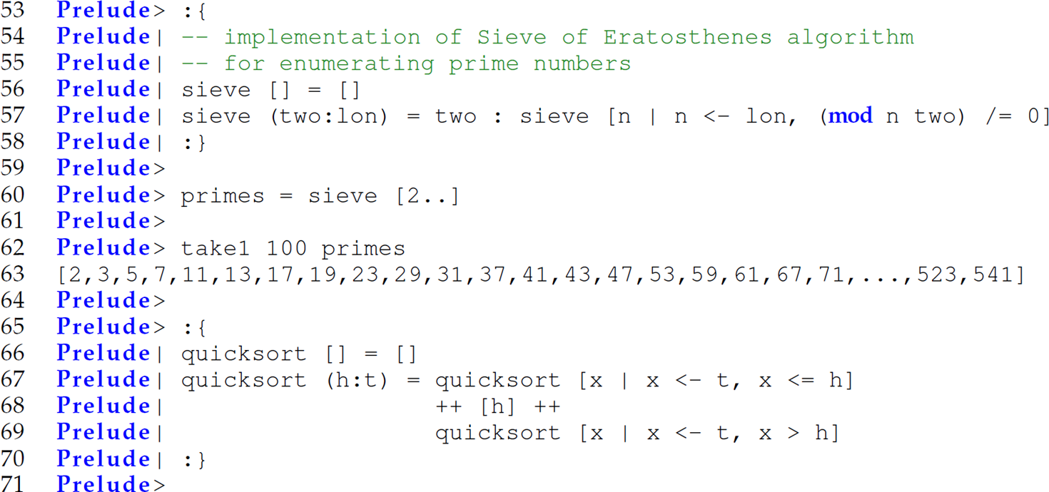 A set of 19 code lines for generating prime numbers and sorting algorithm.