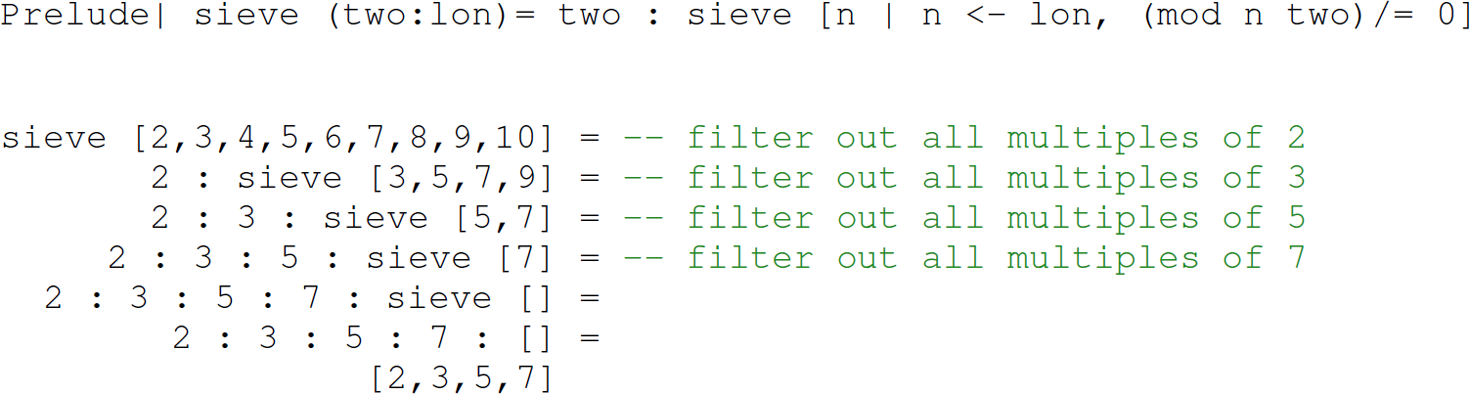 A set of eight code lines that with the invocation of sieve.